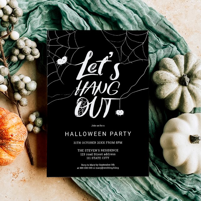 White cute modern Halloween spider hang out script Invitation (White cute modern Halloween spider hang out script Invitation)