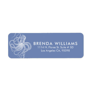 White Cute Octopus Blue Background Return Address Label