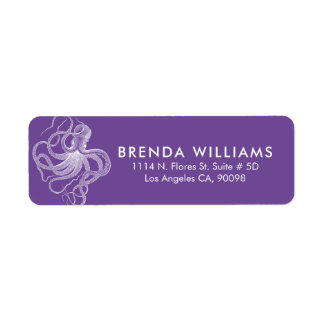 White Cute Octopus Purple Background Return Address Label