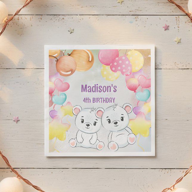 white cute teddy bears birthday napkin (Creator Uploaded)
