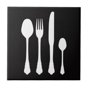 White Cutlery on Black Cafe Patisserie Restaurant Ceramic Tile