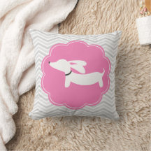 White Dachshund Pink Grey Chevrons Nursery Pillow