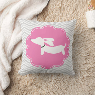 White Dachshund Pink Grey Chevrons Nursery Pillow