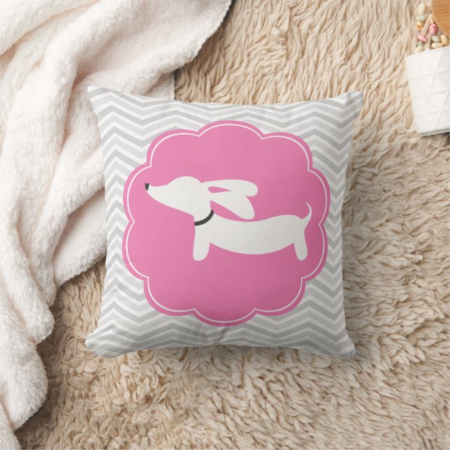 White Dachshund Pink Grey Chevrons Nursery Pillow (Blanket)
