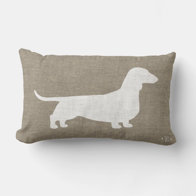 White Dachshund Silhouette Faux Linen Burlap Style Lumbar Cushion (Front)