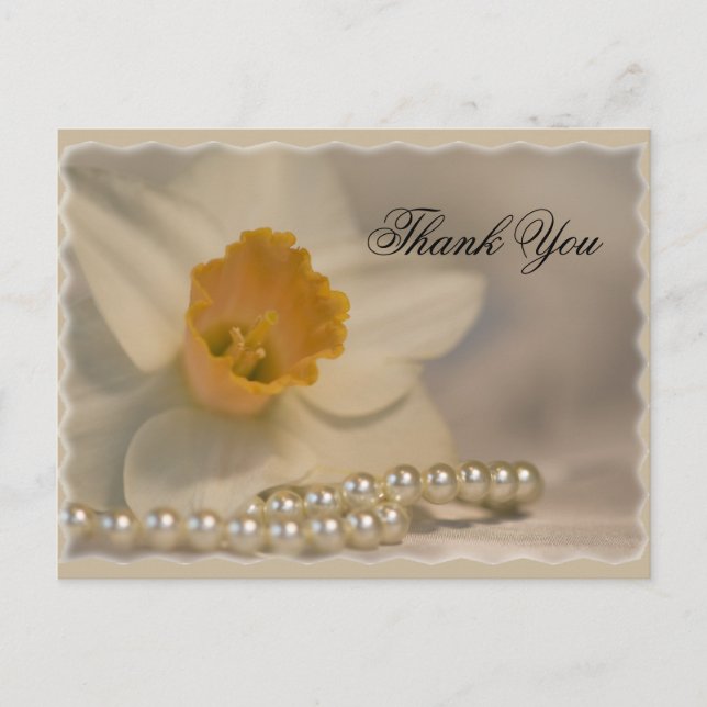 White Daffodil and Pearls Thank You Postcard (Front)