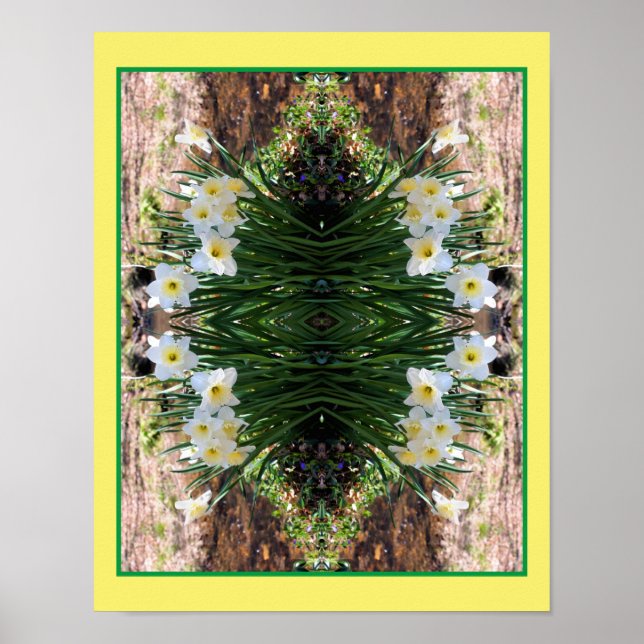  White Daffodil Flowers By Brook Mirror Abstract Poster (Front)