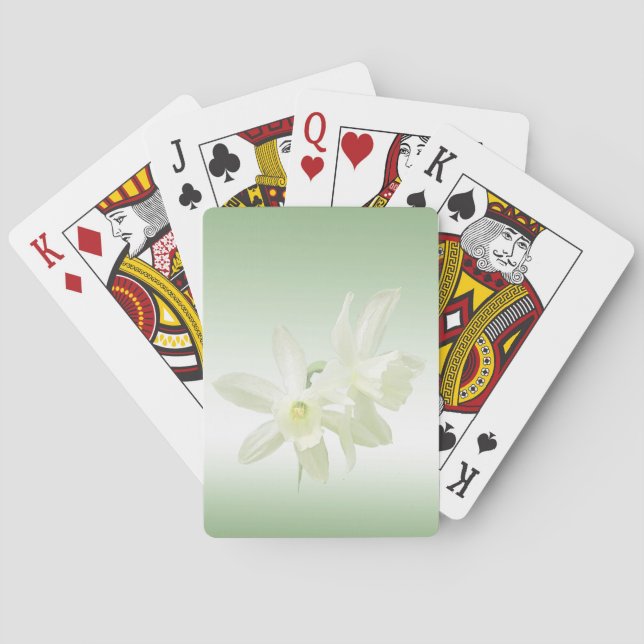 White Daffodil Flowers on Green Playing Cards (Back)