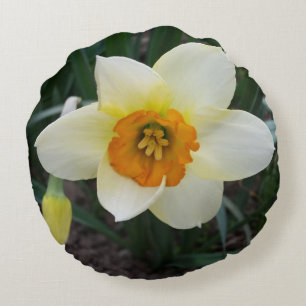 white daffodil shining round cushion