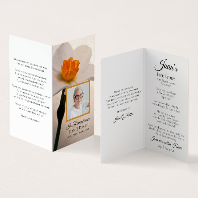 White Daffodil Spring Funeral Memorial Prayer Business Card (Inside and Outside)