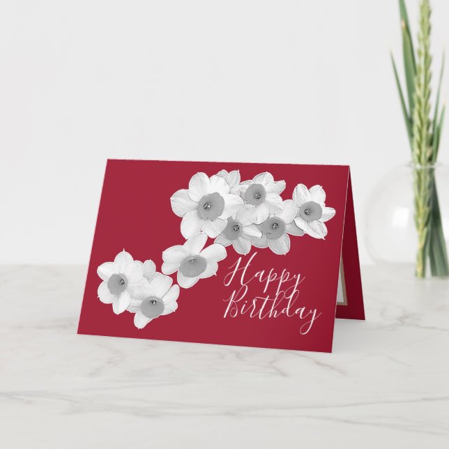 White Daffodils Red Colour Background Birthday Card (Front)