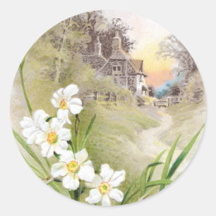 White Daffodils Vintage Easter Classic Round Sticker