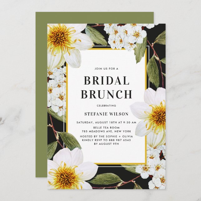 White Dahlia and Spirea Botanical Bridal Brunch Invitation (Front/Back)