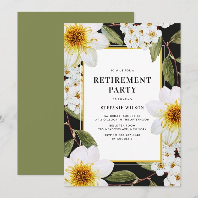 White Dahlia and Spirea Botanical Retirement Party Invitation (Front/Back)