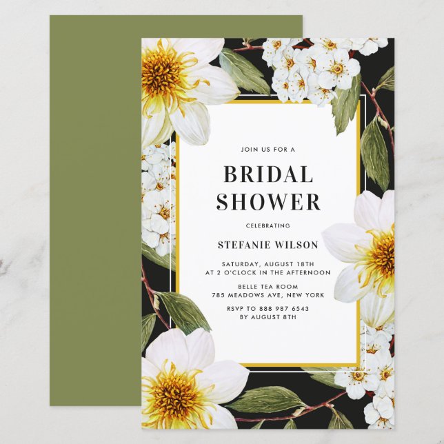White Dahlia Botanical Bridal Shower Invitation (Front/Back)