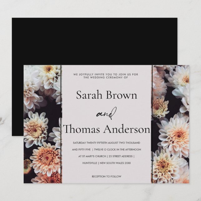 WHITE DAHLIA FLORAL ELEGANT BRIDAL WEDDING INVITATION (Front/Back)