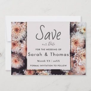 WHITE DAHLIA FLORAL ELEGANT SAVE OUR DATE ANNOUNCEMENT