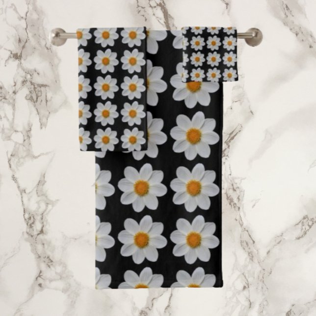 White Dahlia Floral Pattern on Black Bath Towel Set (In Situ)