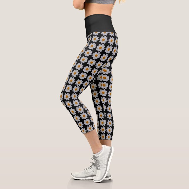 White Dahlia Floral Pattern on Black Capri Leggings (Left)