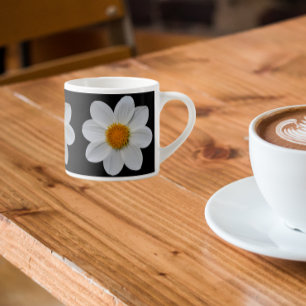 White Dahlia Floral Pattern on Black Espresso Cup