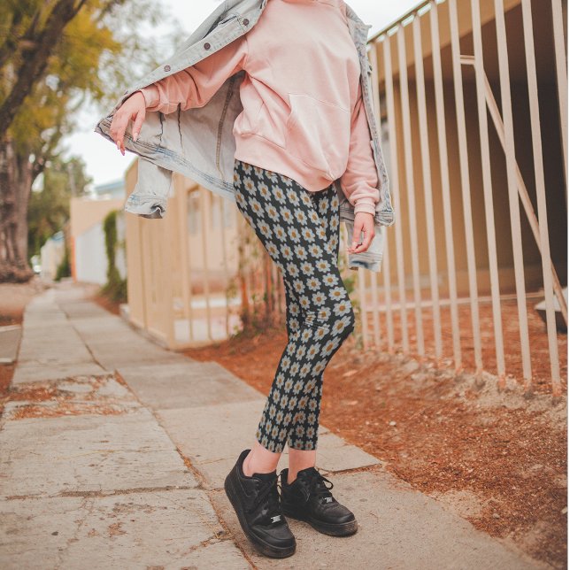 White Dahlia Floral Pattern on Black Leggings (In Situ)