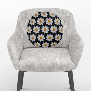 White Dahlia Floral Pattern on Black Round Cushion
