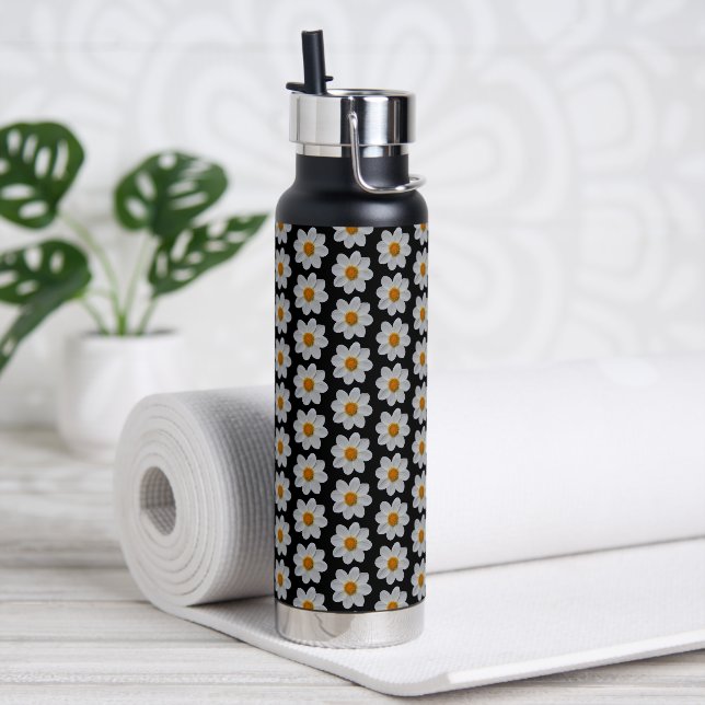 White Dahlia Floral Pattern on Black Water Bottle (Yoga)