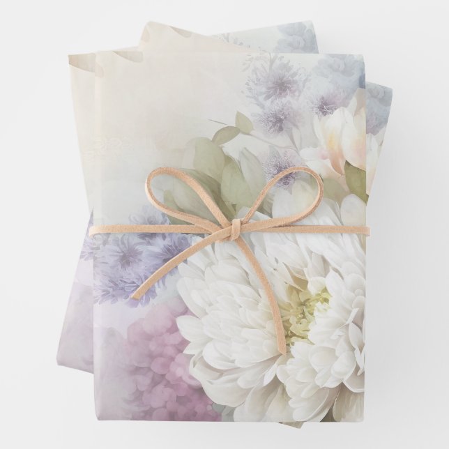 White Dahlia Floral  Wrapping Paper Sheet (In situ)