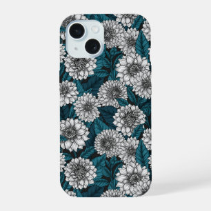 White Dahlia garden/ blue leaves 2 iPhone 15 Case