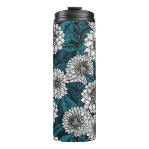 White Dahlia garden/ blue leaves 2 Thermal Tumbler