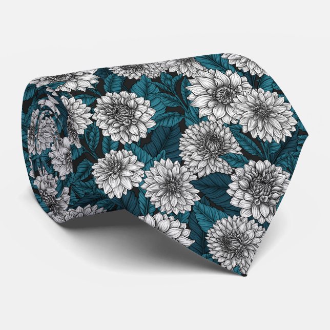 White Dahlia garden/ blue leaves 2 Tie (Rolled)