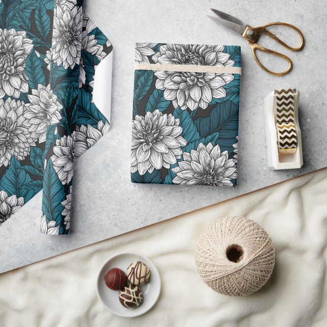 White Dahlia garden/ blue leaves 2 Wrapping Paper (Crafts)