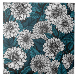 White Dahlia garden/ blue leaves Ceramic Tile