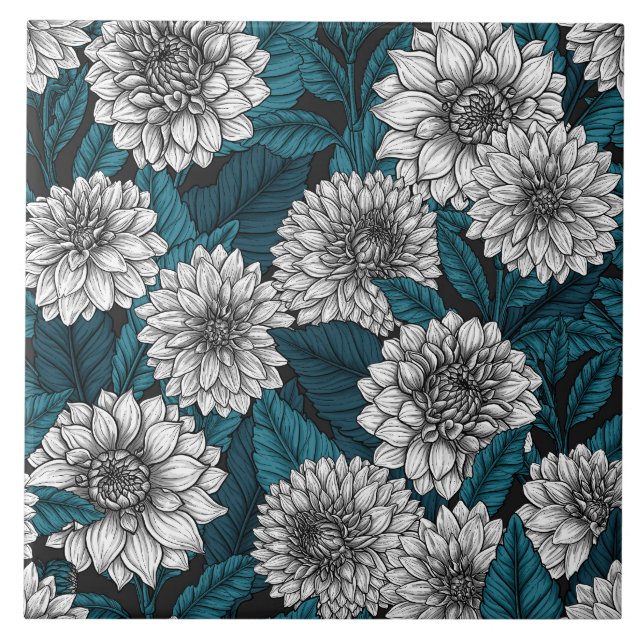 White Dahlia garden/ blue leaves Ceramic Tile (Front)