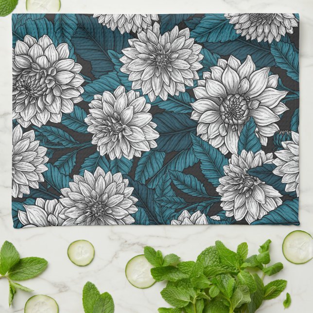 White Dahlia garden/ blue leaves Tea Towel (Folded)