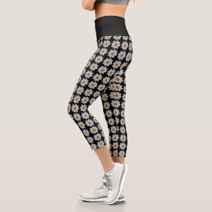 White Dahlia on Black Floral Pattern Capri Leggings