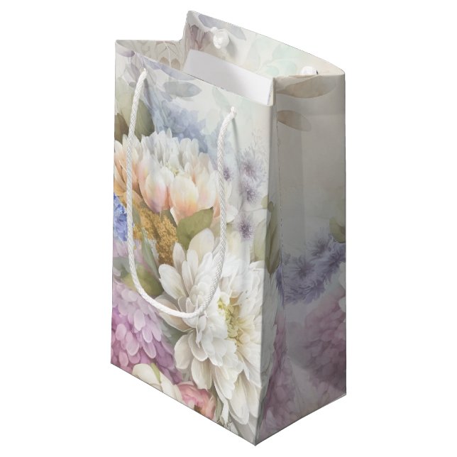 White Dahlia with Purple and Blue Accents Small Gift Bag (Front Angled)