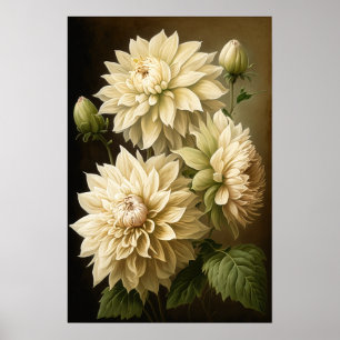 White Dahlias Flower Art Print Poster