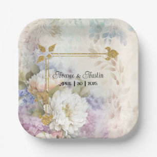 White Dahlias With Purple and Blue Accents Paper Plate