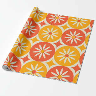 White Daises and stars on Orange Yellow circles  Wrapping Paper