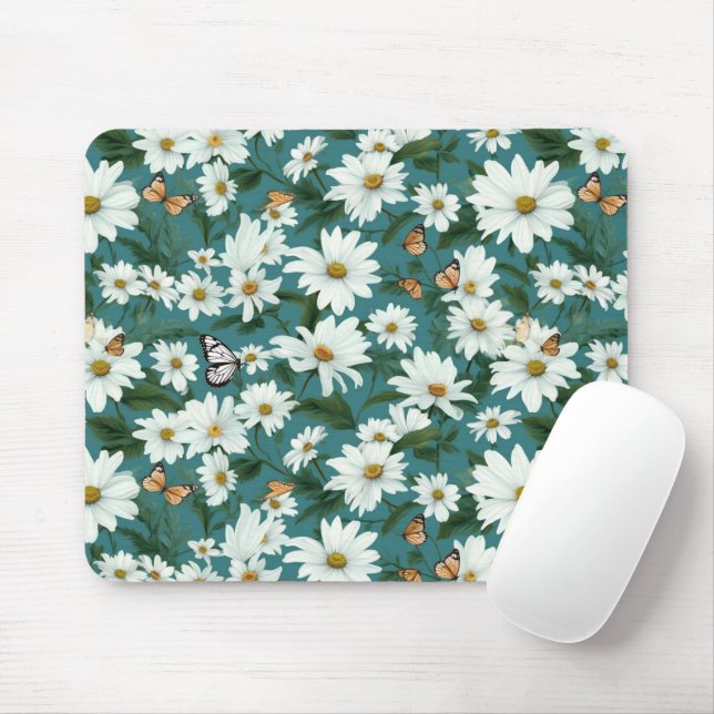 White Daisies and Butterflies Mouse Pad (With Mouse)