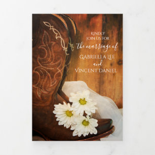 White Daisies and Cowboy Boots Western Wedding Tri-Fold Invitation