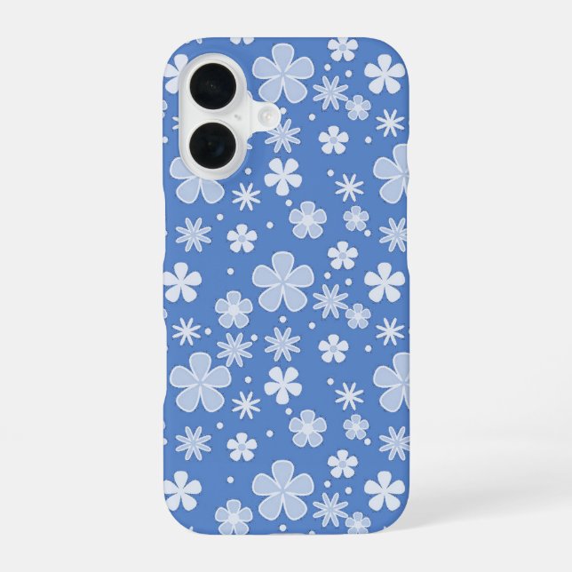 White Daisies and Dots On Blue iPhone 16 Case (Back)