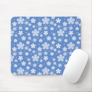White Daisies and Dots On Blue Mouse Pad