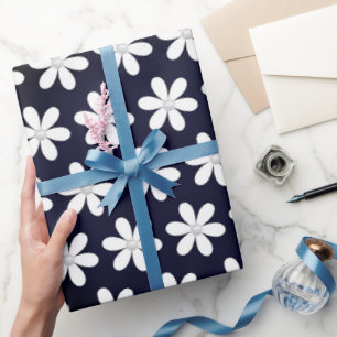 White Daisies and Pearls on Black Wrapping Paper