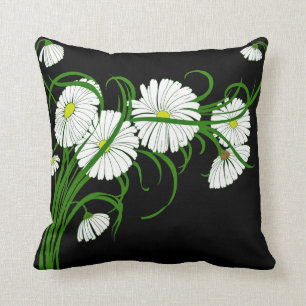 White Daisies Contrasted on Black Background Cushion