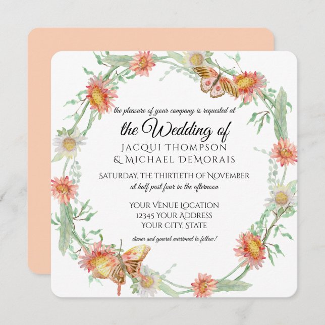 White Daisies Coral Wild Flowers Butterfly Floral Invitation (Front/Back)