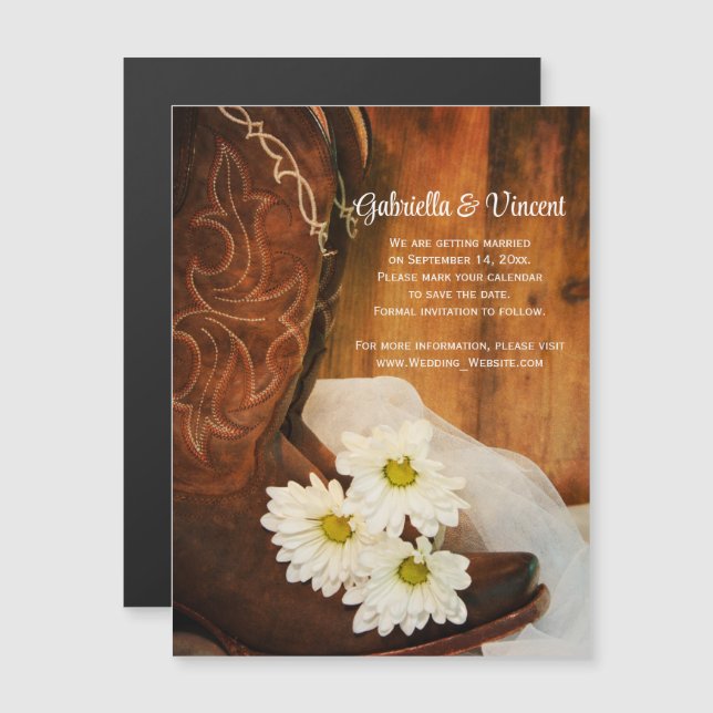 White Daisies Cowboy Boots Wedding Save the Date Magnetic Invitation (Front/Back)
