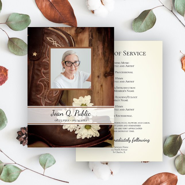 White Daisies Cowboy Boots Western Funeral Service Program (Creator Uploaded)