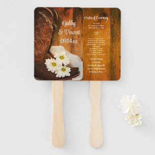 White Daisies Cowboy Boots Western Wedding Program Hand Fan